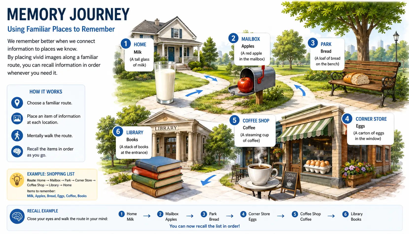 Method of Loci memory journey using vivid images placed at familiar locations to improve recall.
