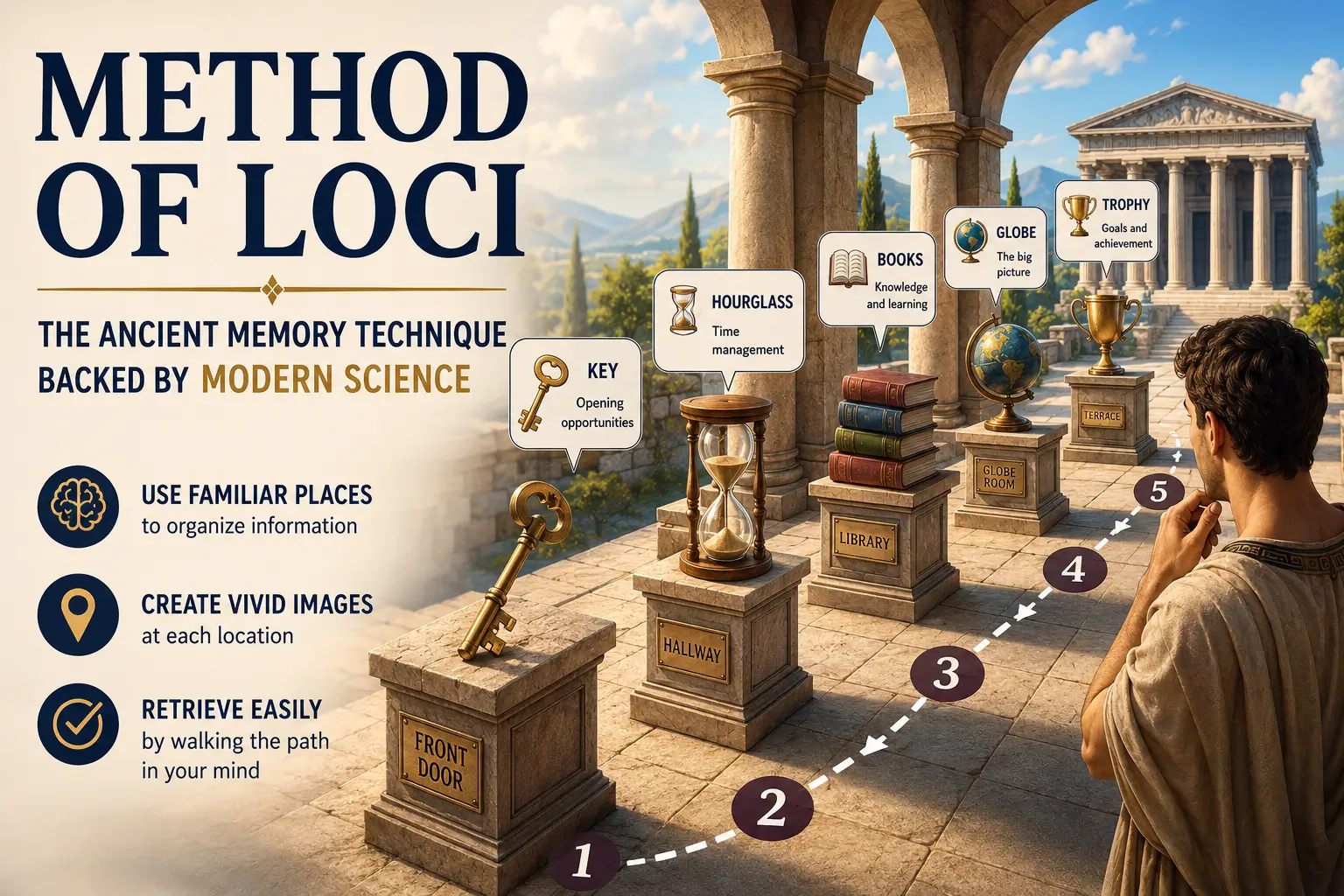 Method of Loci illustration showing information stored along a structured route of familiar locations to improve memory retrieval and long-term recall.