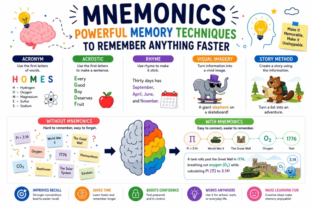 Mnemonic memory techniques illustration showing visual associations, symbols, stories, and memory cues working together to improve recall and long-term retention.