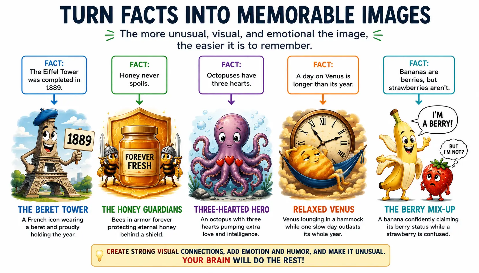 Mnemonic technique transforming ordinary information into vivid memorable visual associations.