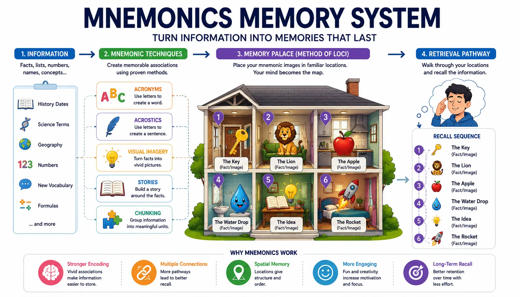 Mnemonic memory system connecting stories, imagery, and locations to improve recall and retention.