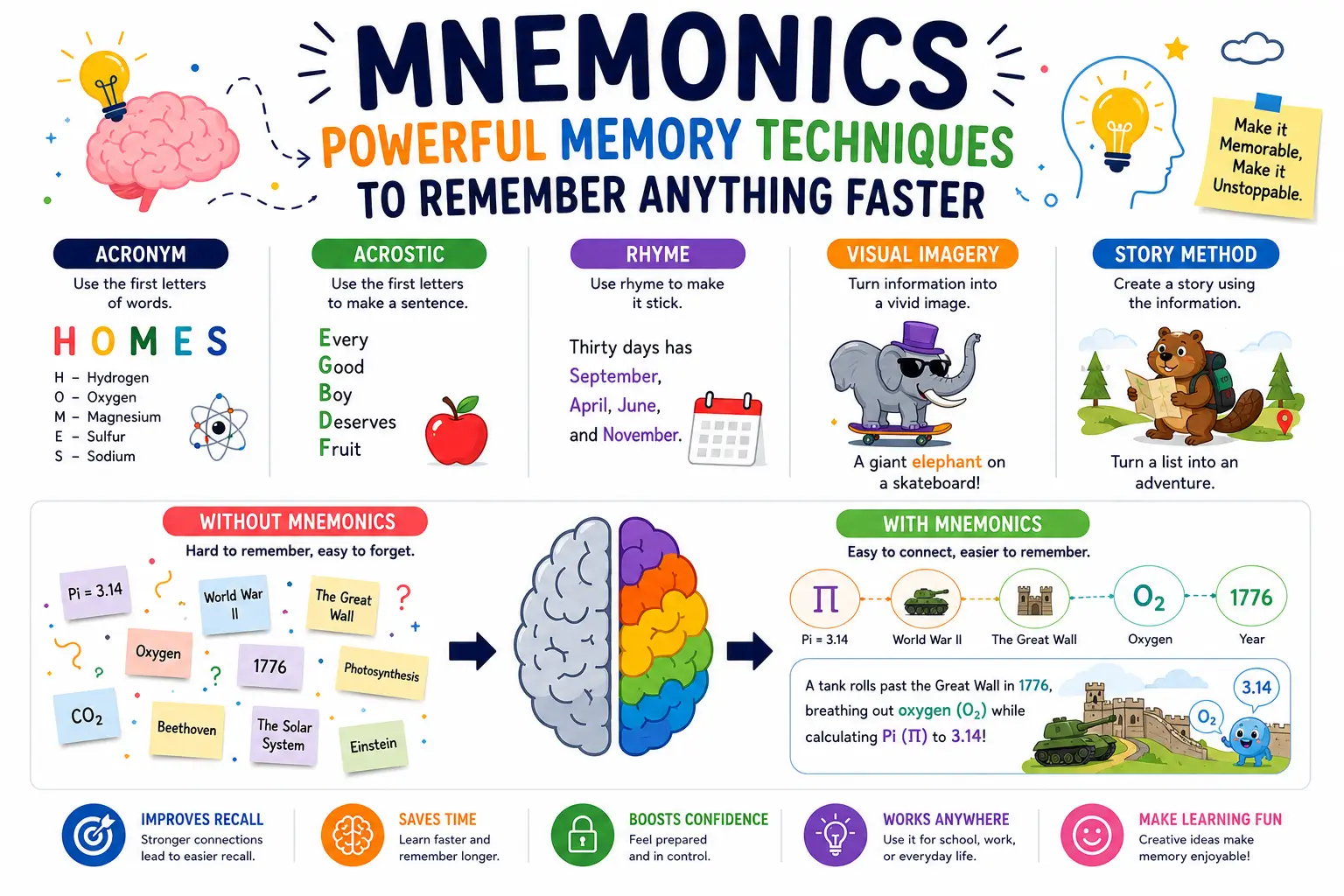 Mnemonic memory techniques illustration showing visual associations, symbols, stories, and memory cues working together to improve recall and long-term retention.