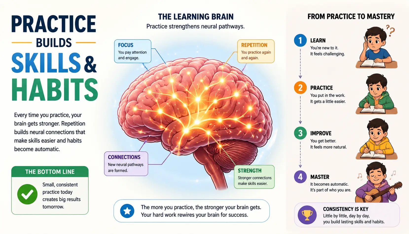 Procedural memory illustration showing skill learning, habit formation, and automatic behaviors developed through repetition.