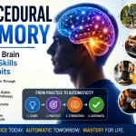 Procedural memory illustration showing skill acquisition, habit formation, automatic behaviors, and long-term learning through repeated practice and neural adaptation.