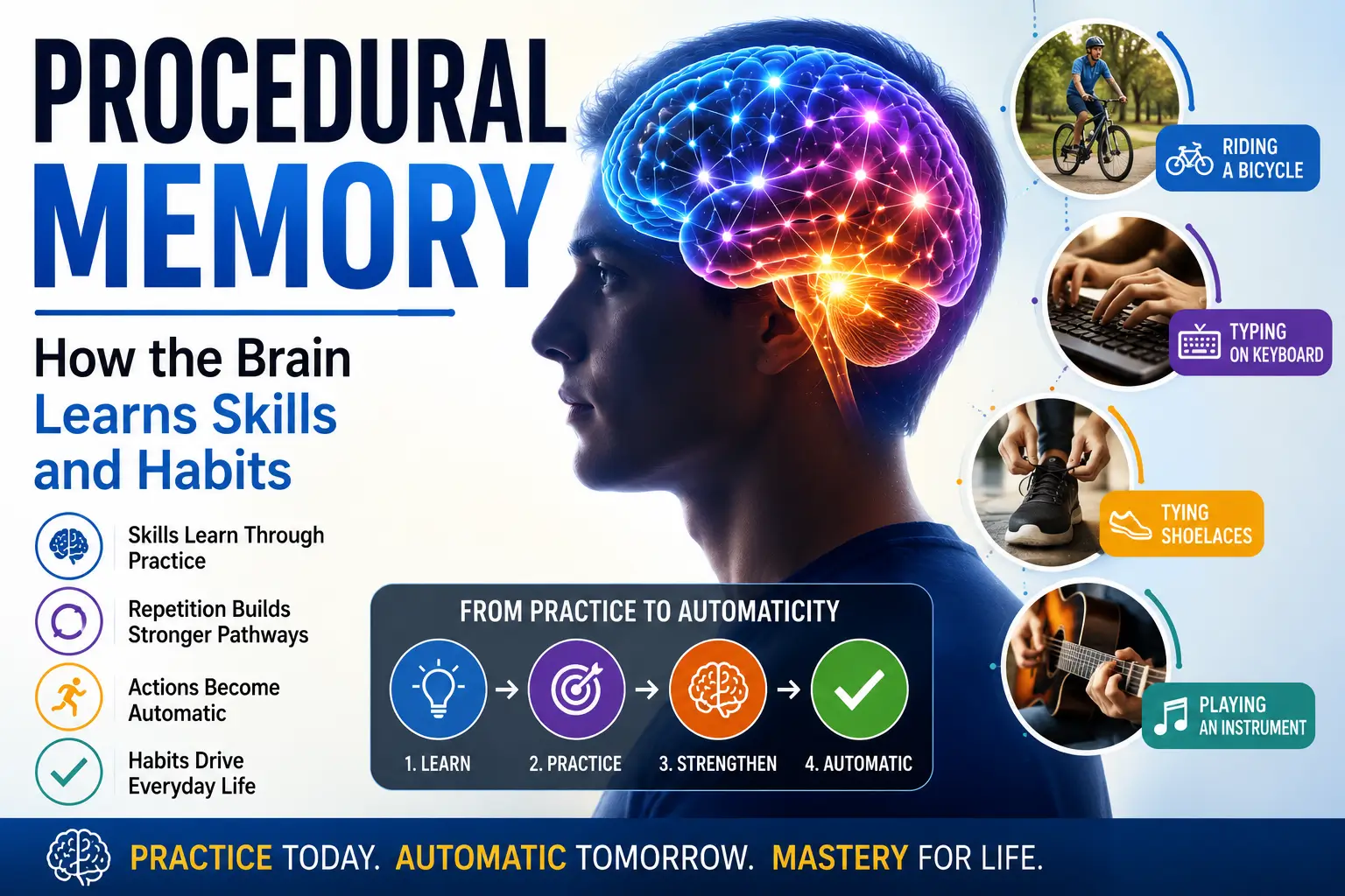 Procedural memory illustration showing skill acquisition, habit formation, automatic behaviors, and long-term learning through repeated practice and neural adaptation.