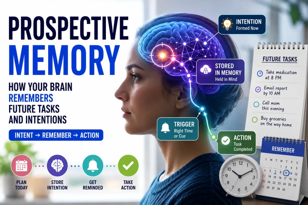 Prospective memory illustration showing future tasks, reminders, retrieval cues, and planning systems working together to support successful task completion.