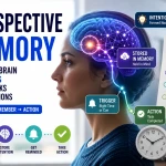 Prospective memory illustration showing future tasks, reminders, retrieval cues, and planning systems working together to support successful task completion.