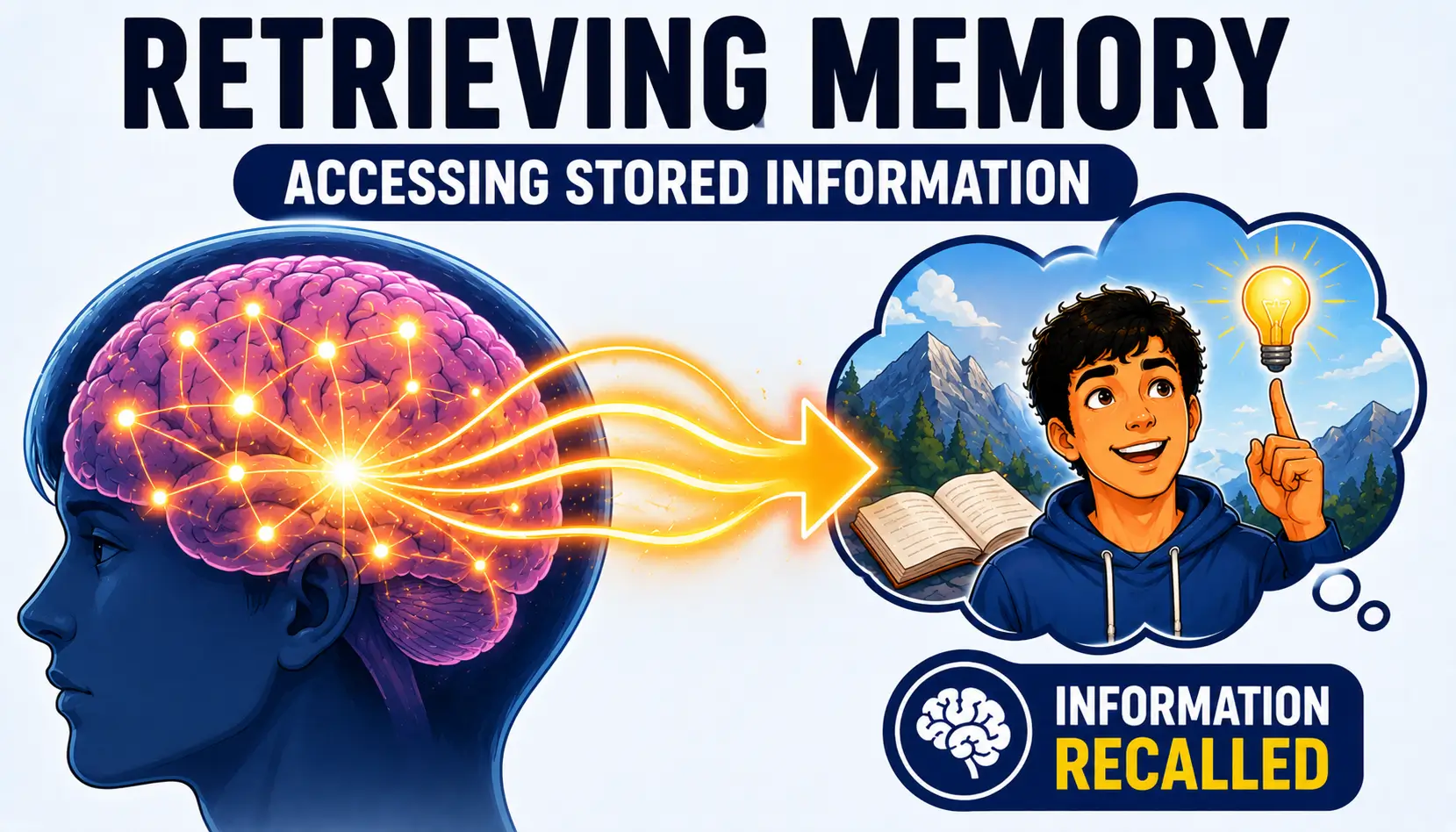 Recall memory illustration showing the brain retrieving stored information from long-term memory.