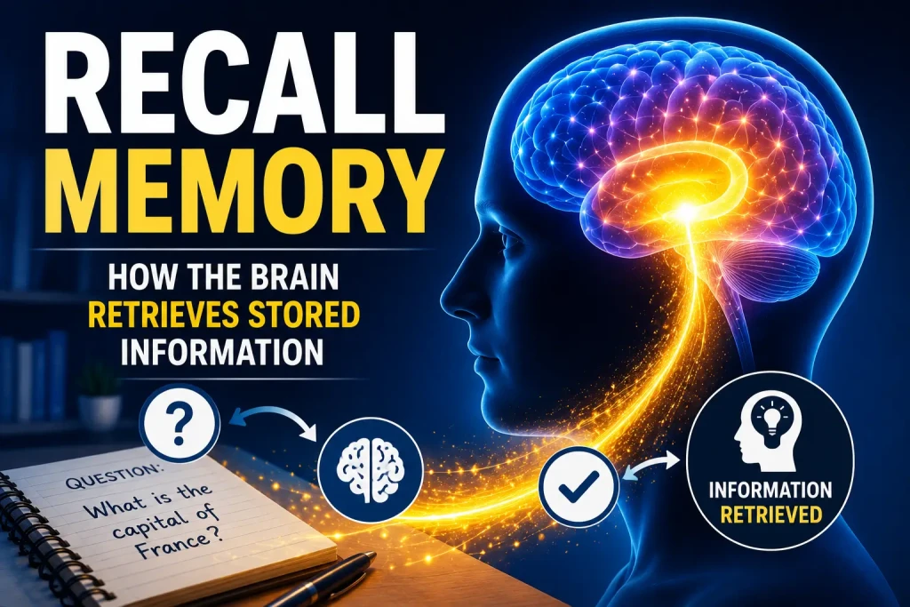 Recall memory illustration showing the brain retrieving stored information from long-term memory during learning and problem-solving.