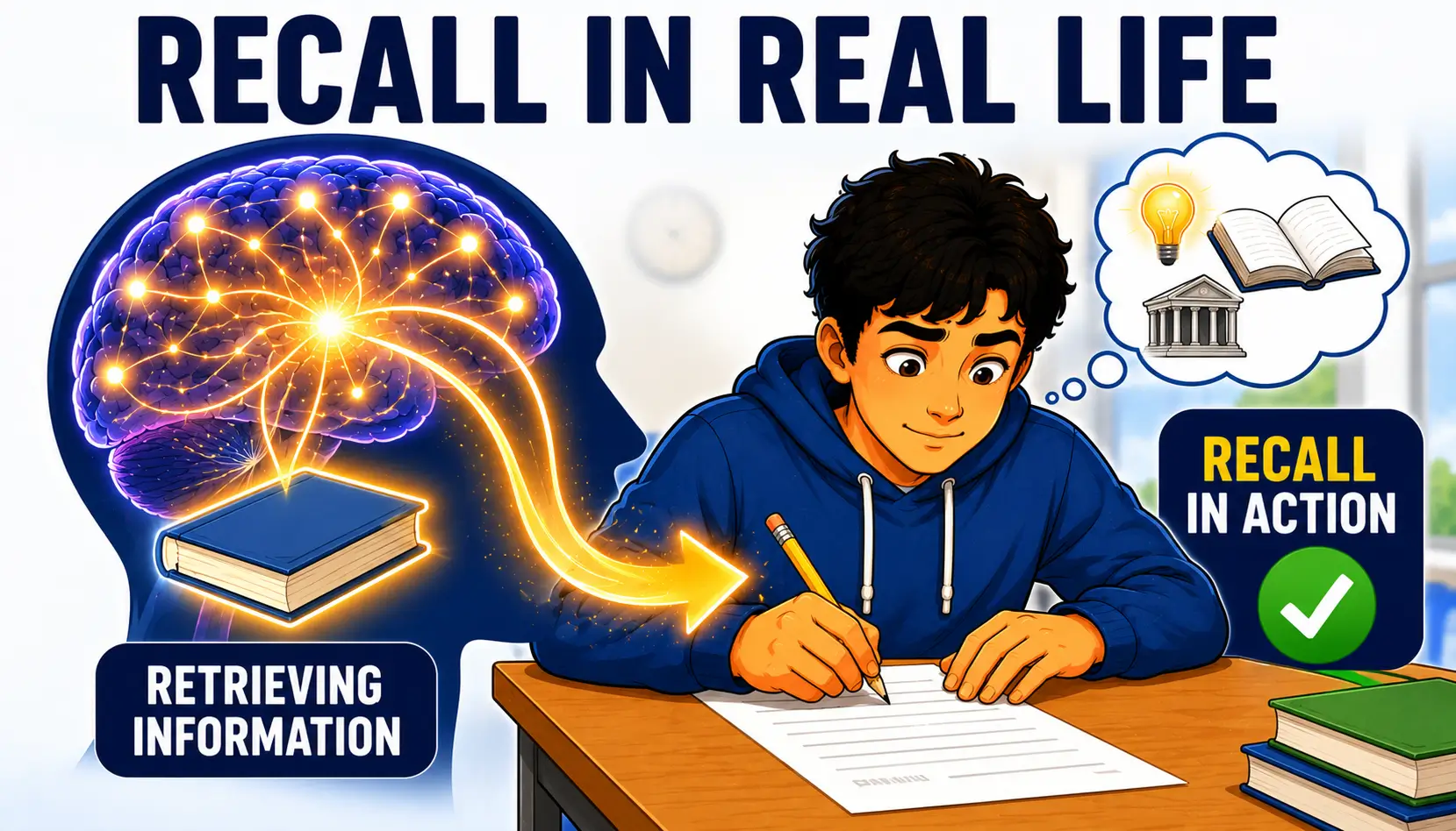 Recall memory illustration showing retrieval of information during learning, testing, and everyday situations.