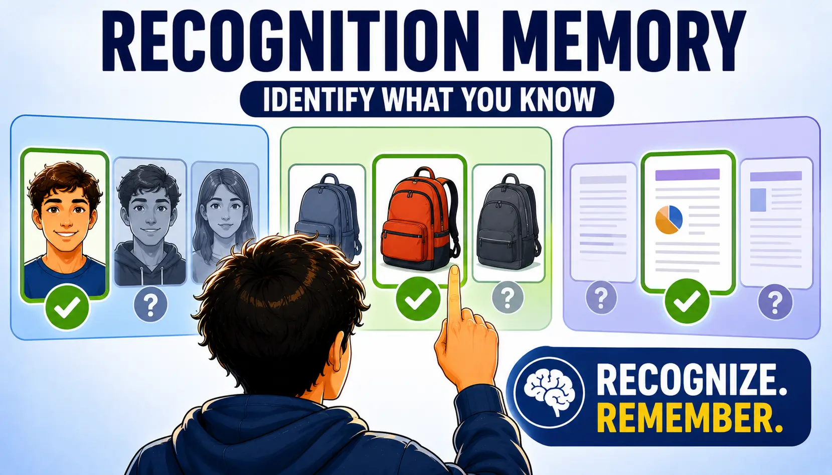 Recognition memory illustration showing the brain identifying familiar information and previously encountered experiences.