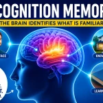 Recognition memory illustration showing the brain identifying familiar faces, objects, and previously learned information.