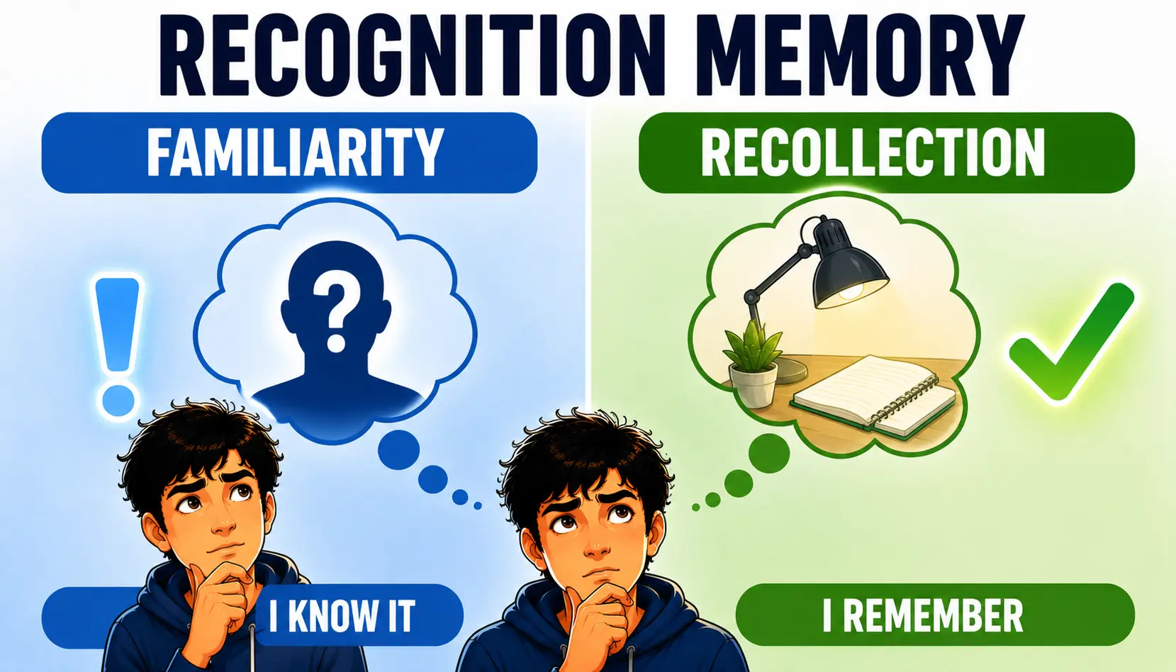Recognition memory diagram comparing familiarity and recollection during memory retrieval.