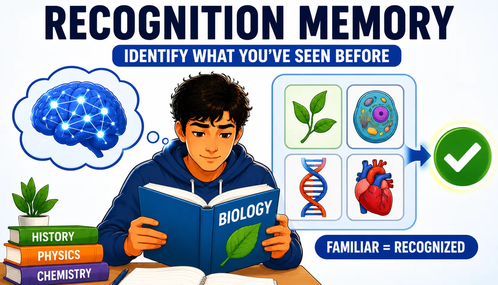 Recognition memory during learning showing familiar information being identified and processed by the brain.