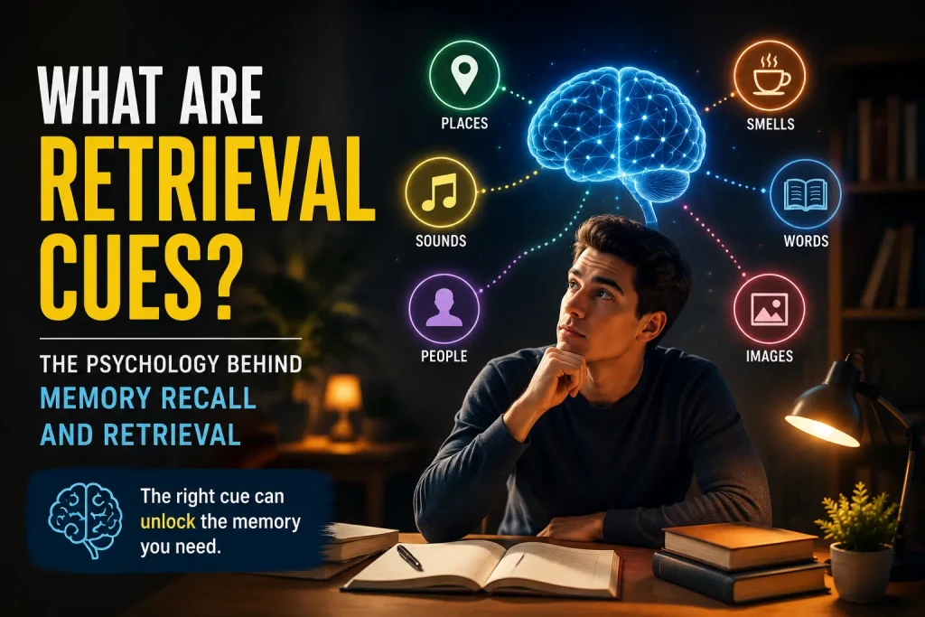 Educational illustration showing retrieval cues, memory recall triggers, and cue-based pathways that improve memory retrieval and learning performance