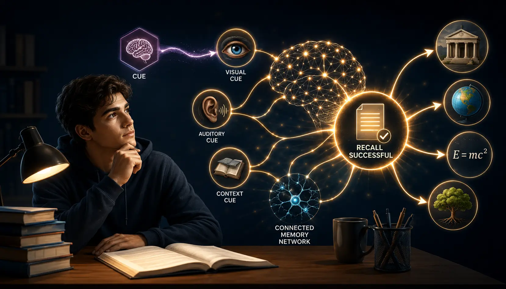 Educational illustration showing memory retrieval pathways, cue-triggered recall, and connected memory networks supporting successful memory access