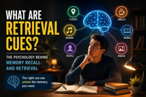 Educational illustration showing retrieval cues, memory recall triggers, and cue-based pathways that improve memory retrieval and learning performance