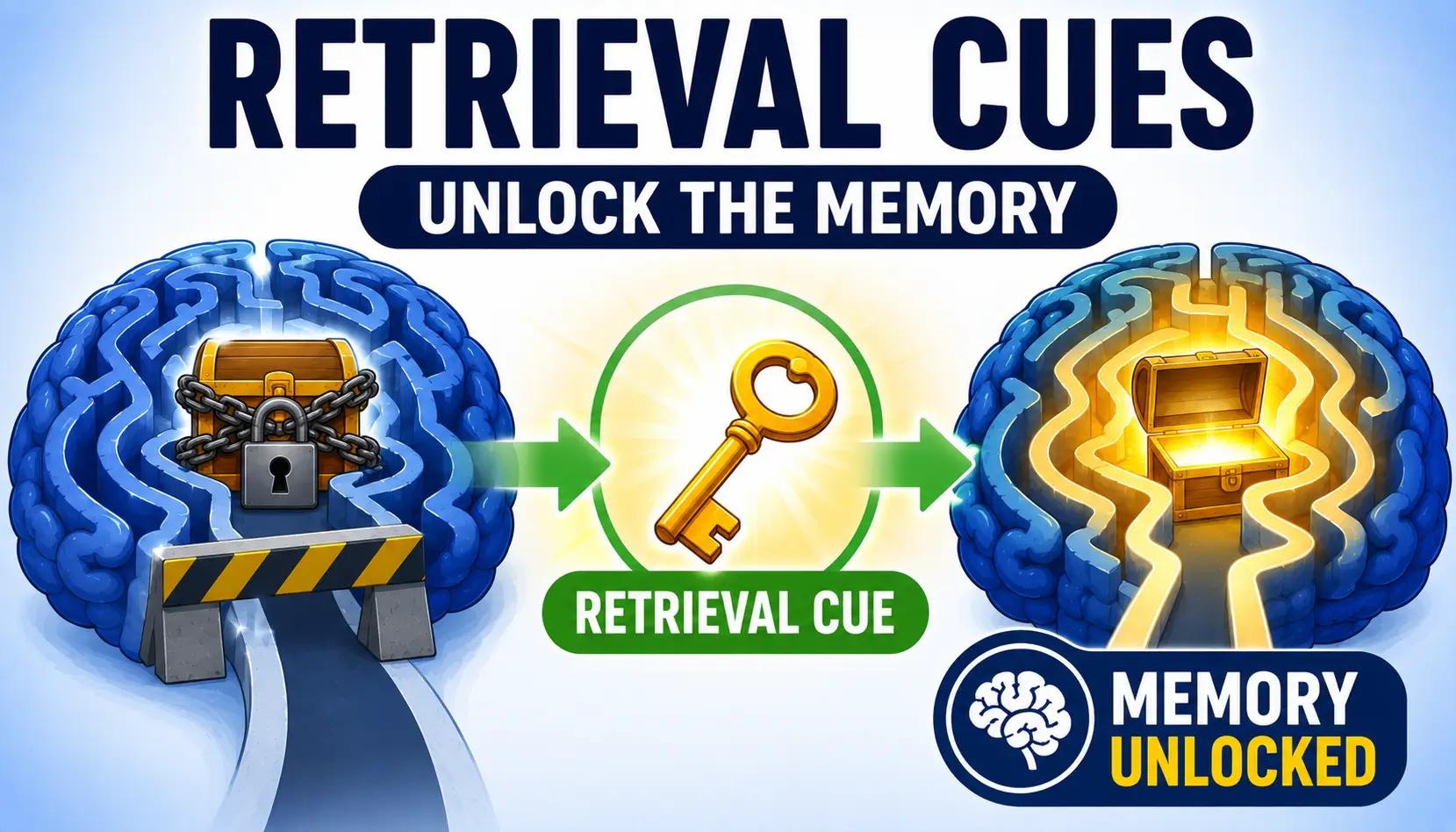 Retrieval cues helping unlock stored memories and overcome retrieval failure.