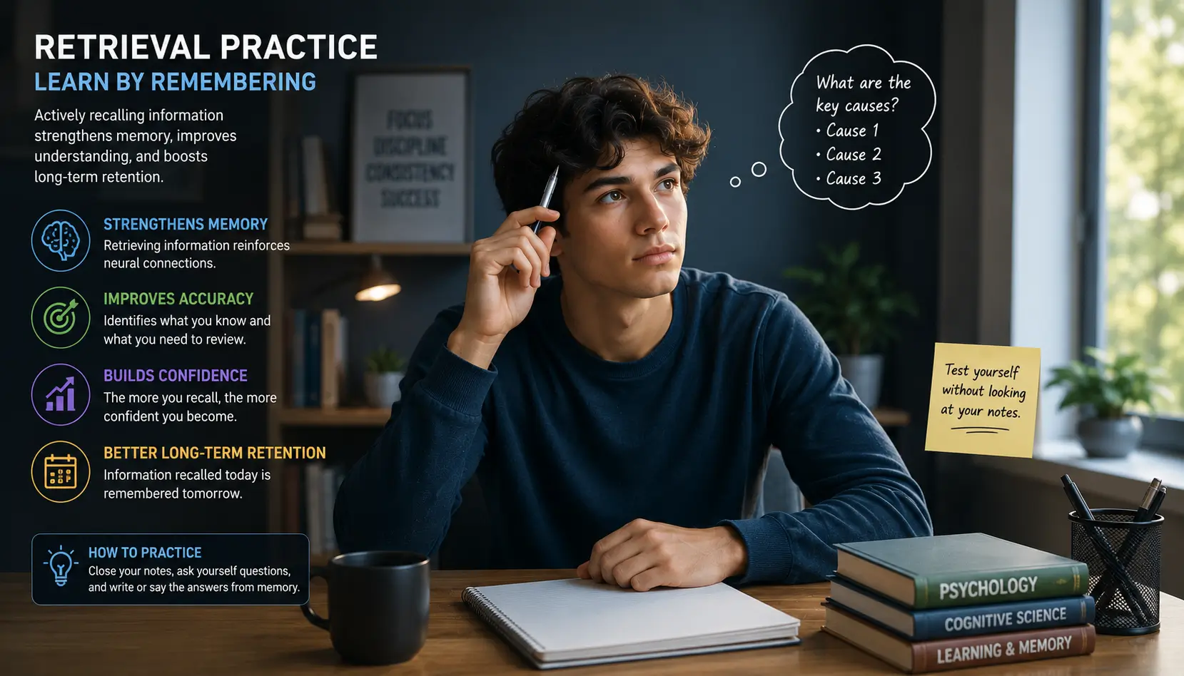 Student using retrieval practice techniques by answering questions from memory during a focused study session.