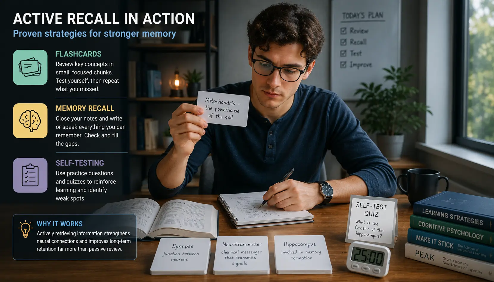 Learner using flashcards and self-testing methods to strengthen long-term memory through retrieval practice.