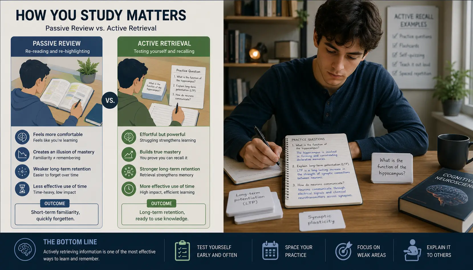 Student strengthening memory through self-testing and retrieval practice instead of passive reviewing.