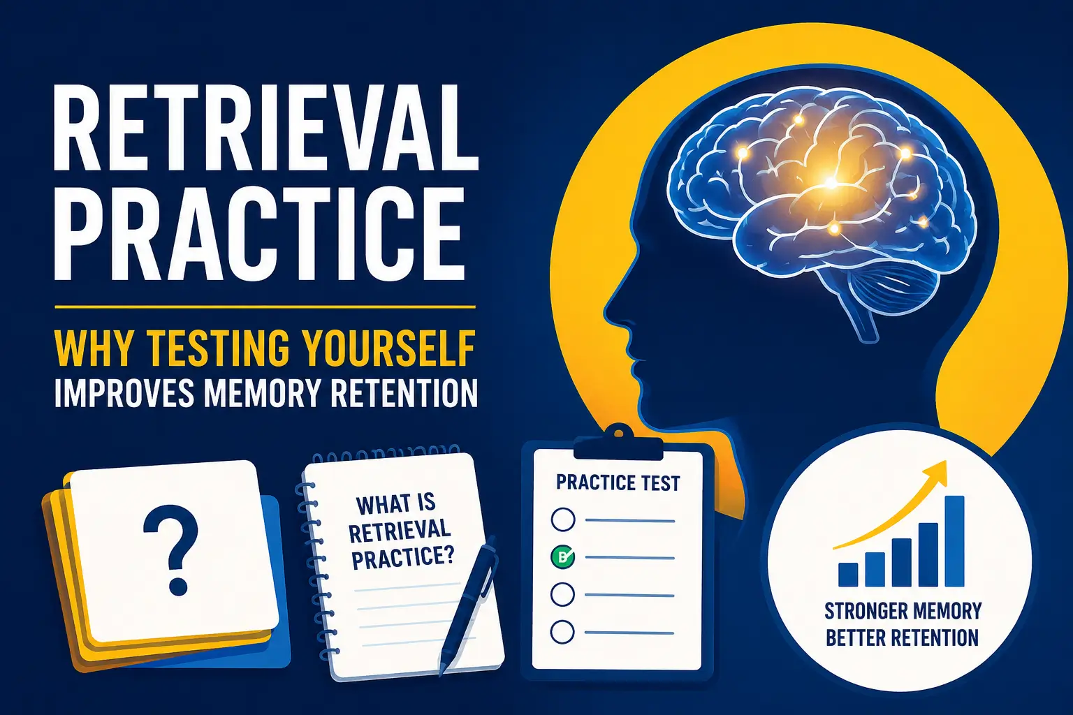 Retrieval practice study technique illustration showing self-testing, memory recall, and long-term learning improvement.