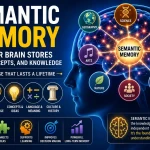Semantic memory illustration showing facts, concepts, meanings, and knowledge organized into interconnected networks that support learning, understanding, and long-term retention.