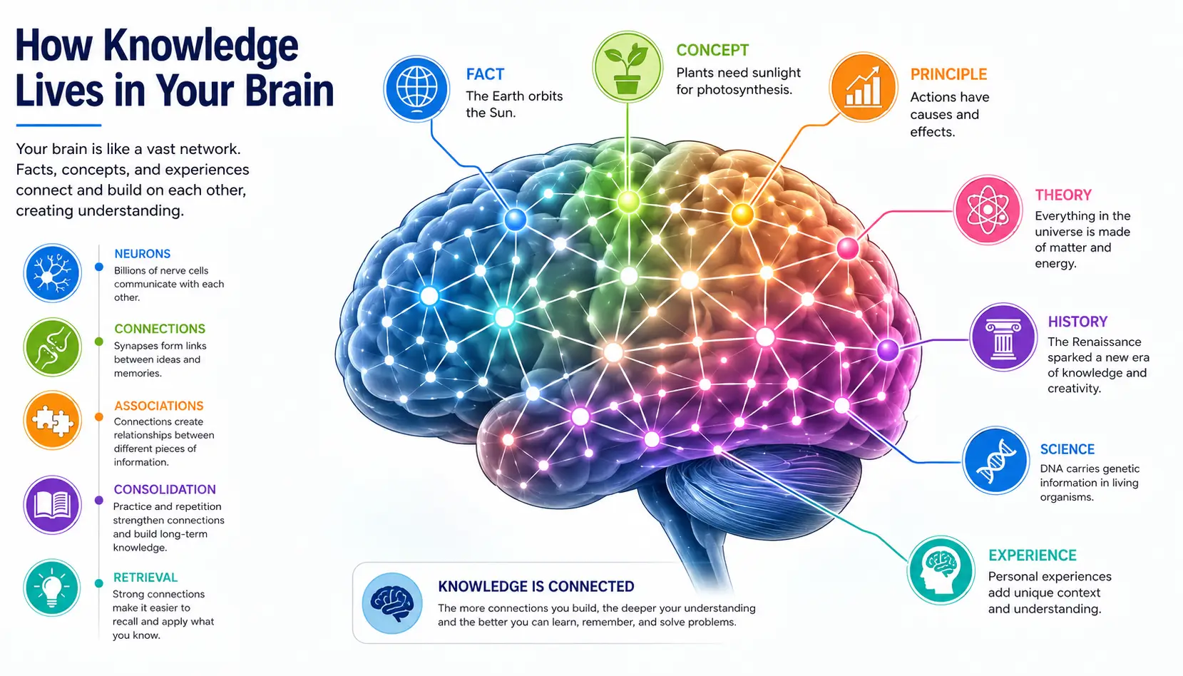 Semantic memory illustration showing facts, concepts, and knowledge connected within long-term memory networks.