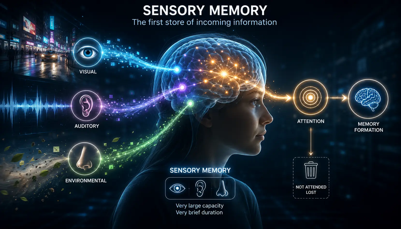Educational illustration showing sensory memory processing visual and auditory information before attention and memory formation