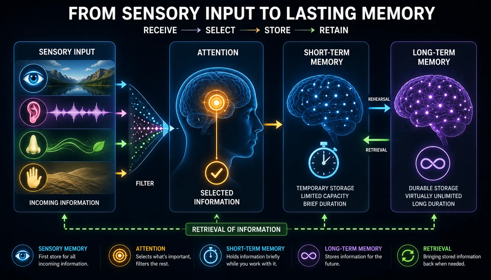 Educational illustration showing how sensory memory transfers information into attention, short-term memory, and long-term memory systems