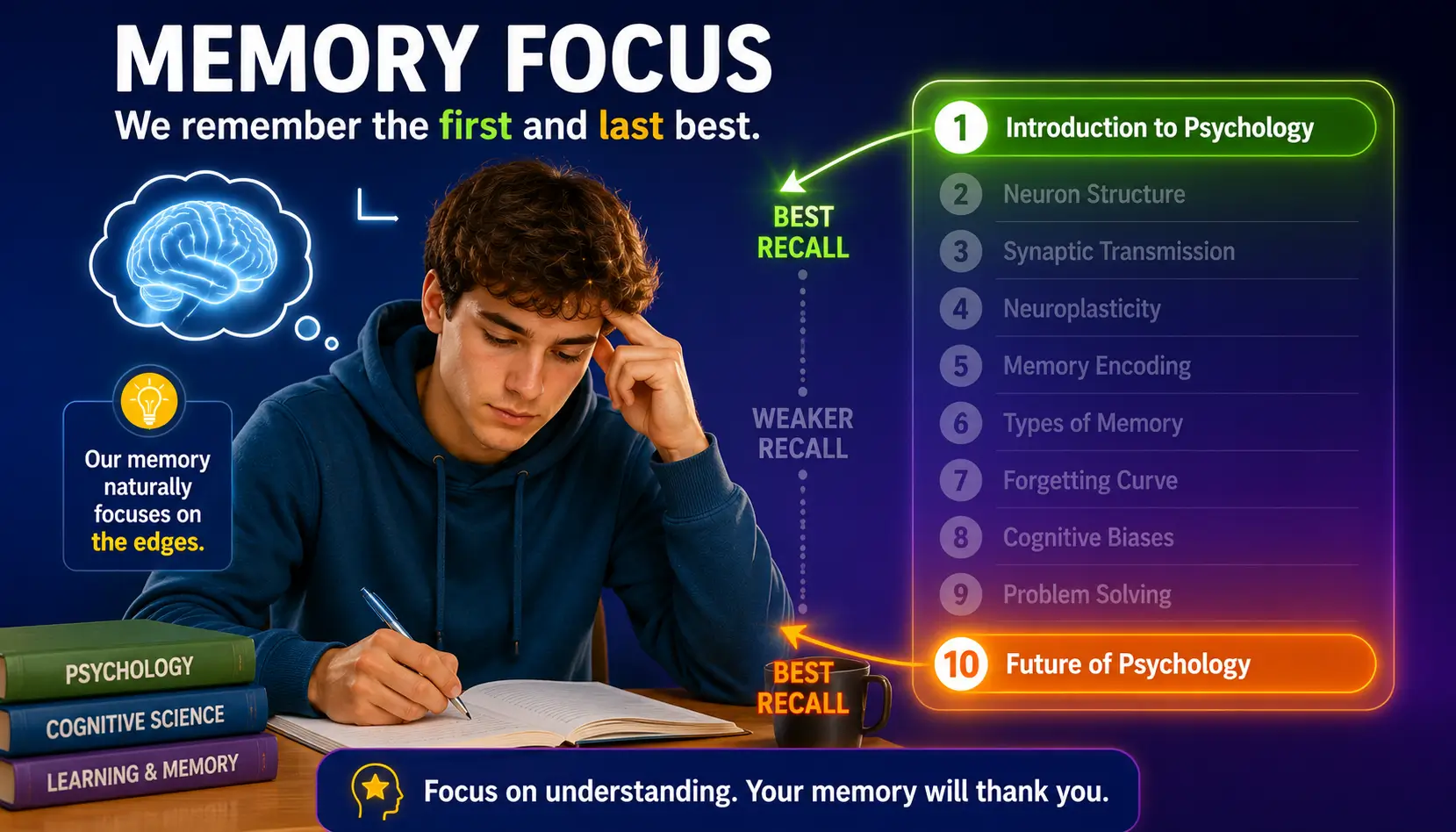Serial Position Effect illustration showing stronger memory for the first and last items in a sequence.