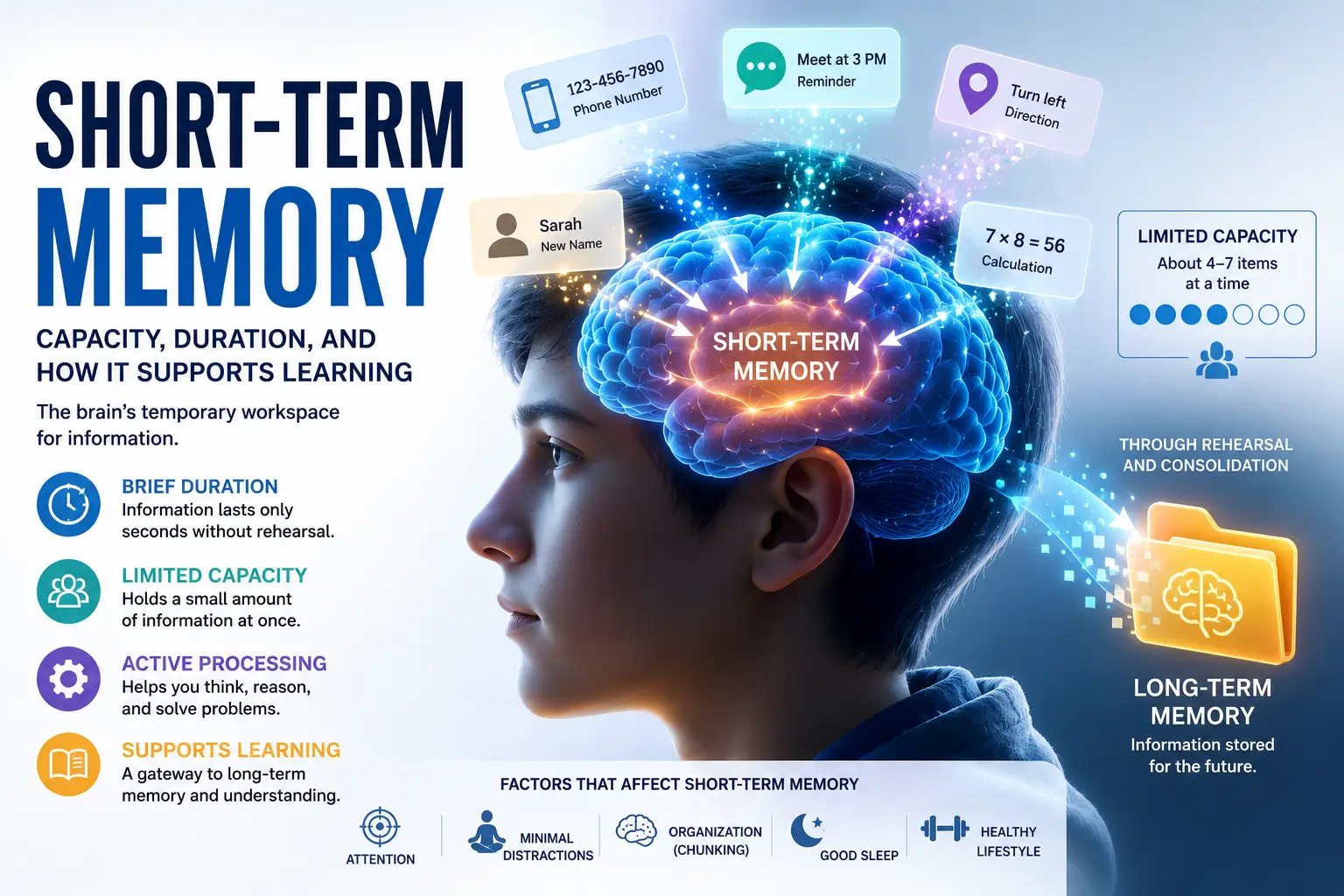 Short-term memory illustration showing temporary information storage, cognitive processing, chunking, and the transfer of information into long-term memory.