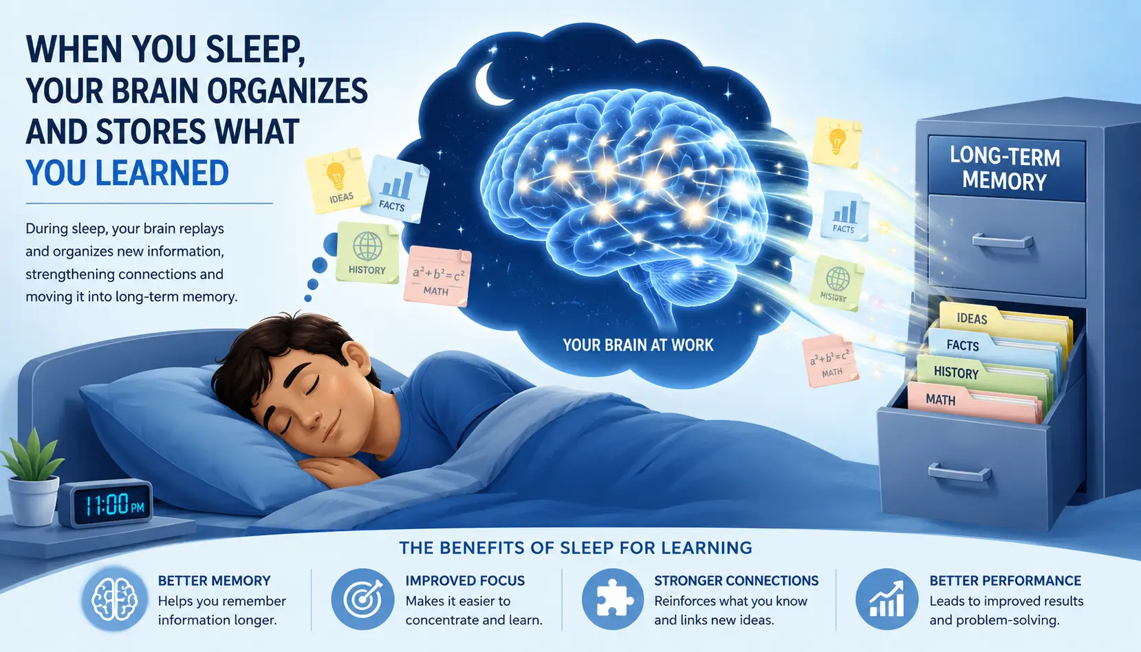 Sleep and memory consolidation illustration showing information being organized and strengthened during sleep.