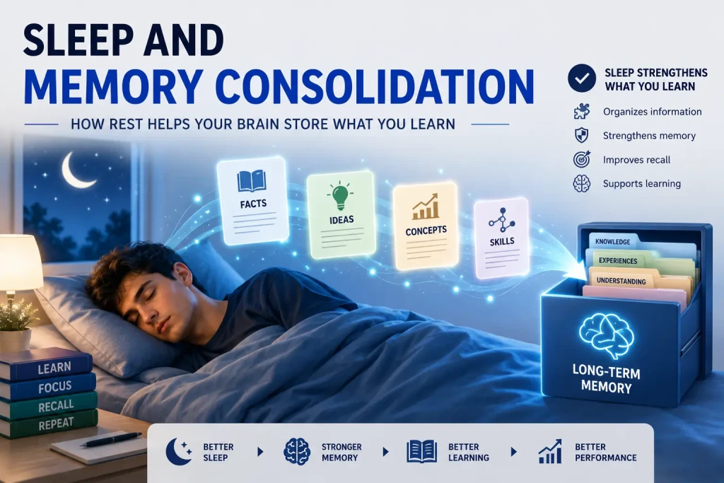 Sleep and memory consolidation illustration showing how sleep strengthens learning, improves recall, and supports the transfer of information into long-term memory.