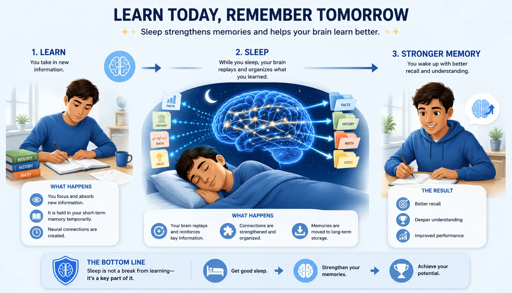 Learning, sleep, and memory consolidation process showing how information becomes stronger after rest.