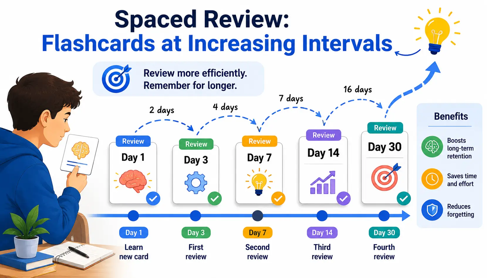 Calendar timeline illustrating spaced repetition reviews occurring at increasing intervals to improve memory retention.