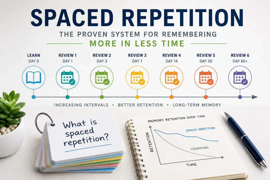 Spaced repetition learning system showing review intervals increasing over time to improve long-term memory retention.
