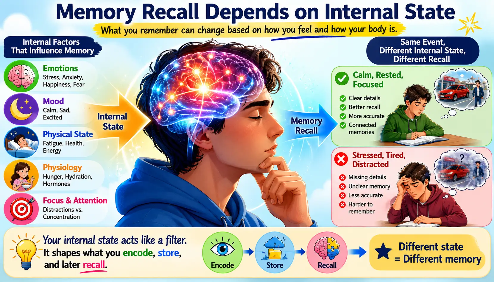 State-dependent memory illustration showing internal mental and physical states influencing memory recall.