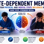 State-dependent memory illustration showing emotions, stress levels, and internal states influencing memory retrieval and recall performance.