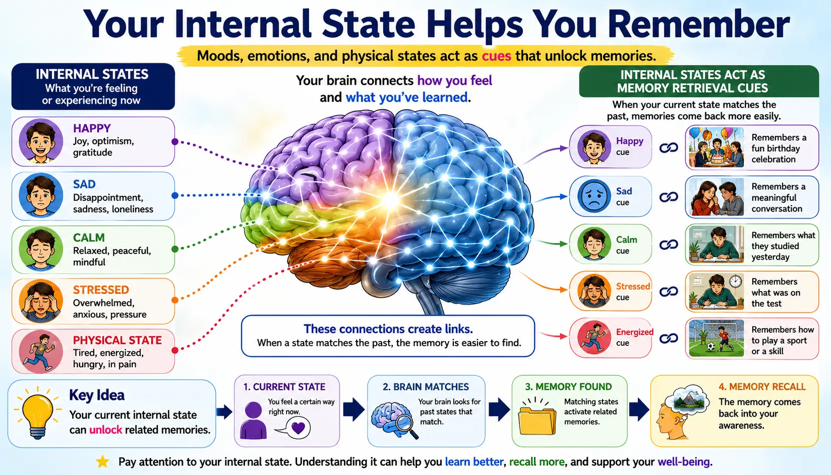 State-dependent memory illustration showing moods, emotions, and internal states influencing memory retrieval.