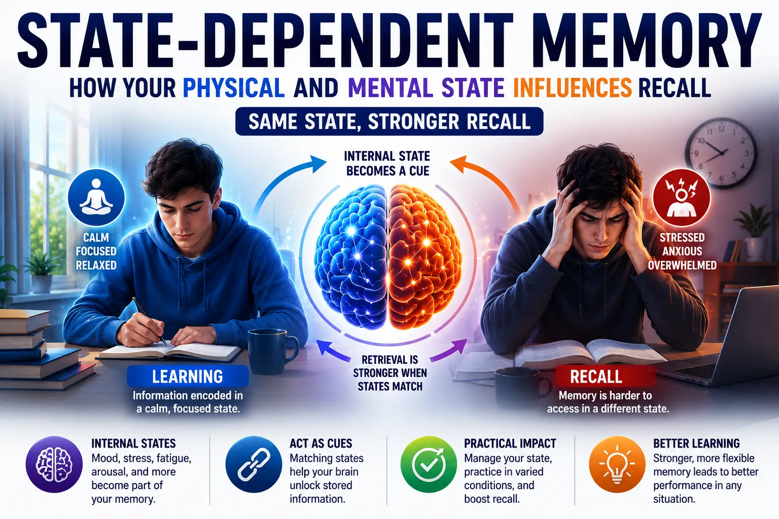State-dependent memory illustration showing emotions, stress levels, and internal states influencing memory retrieval and recall performance.