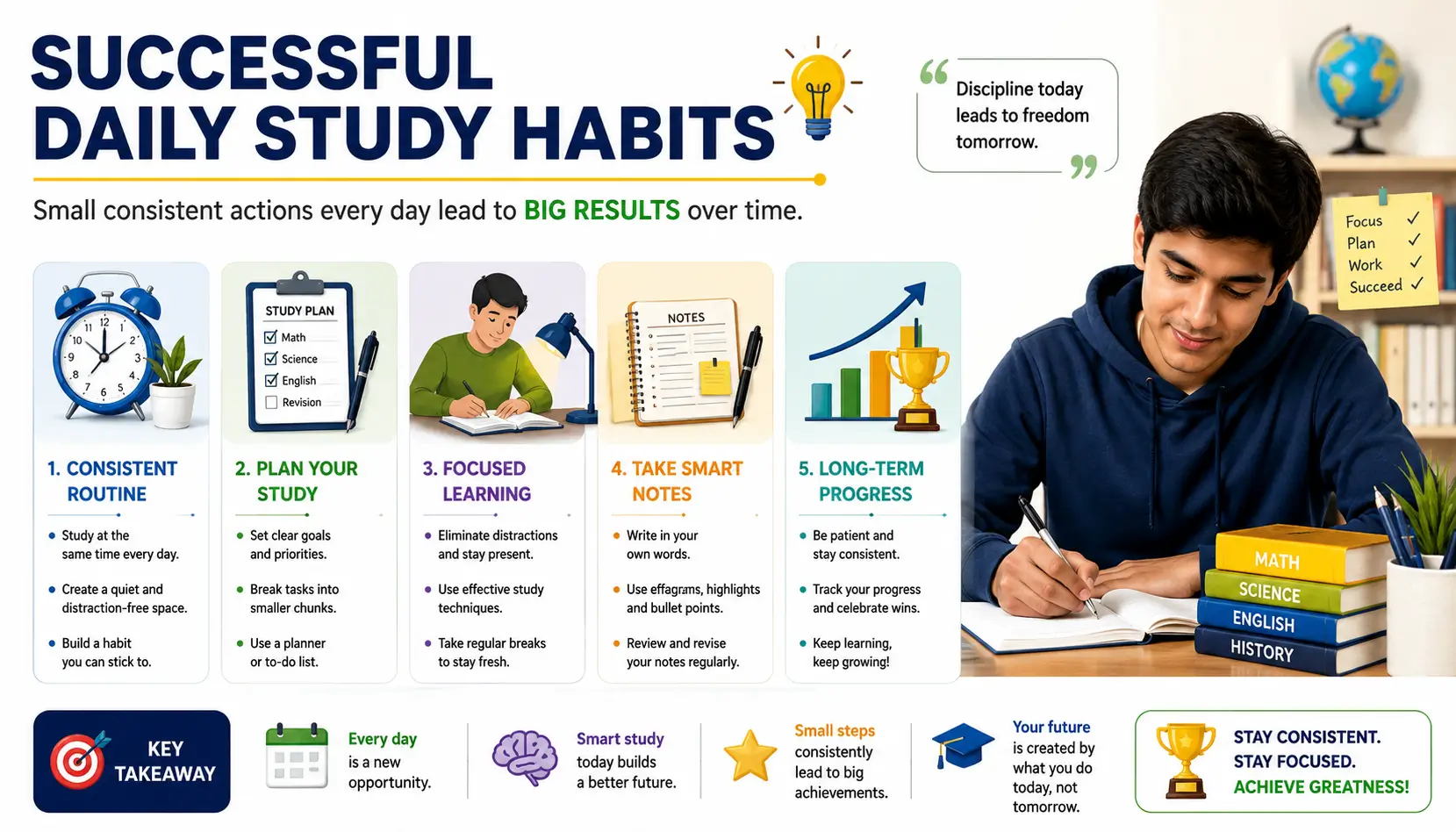 Study habits illustration showing consistent learning routines, planning, focus, and effective daily study behaviors.