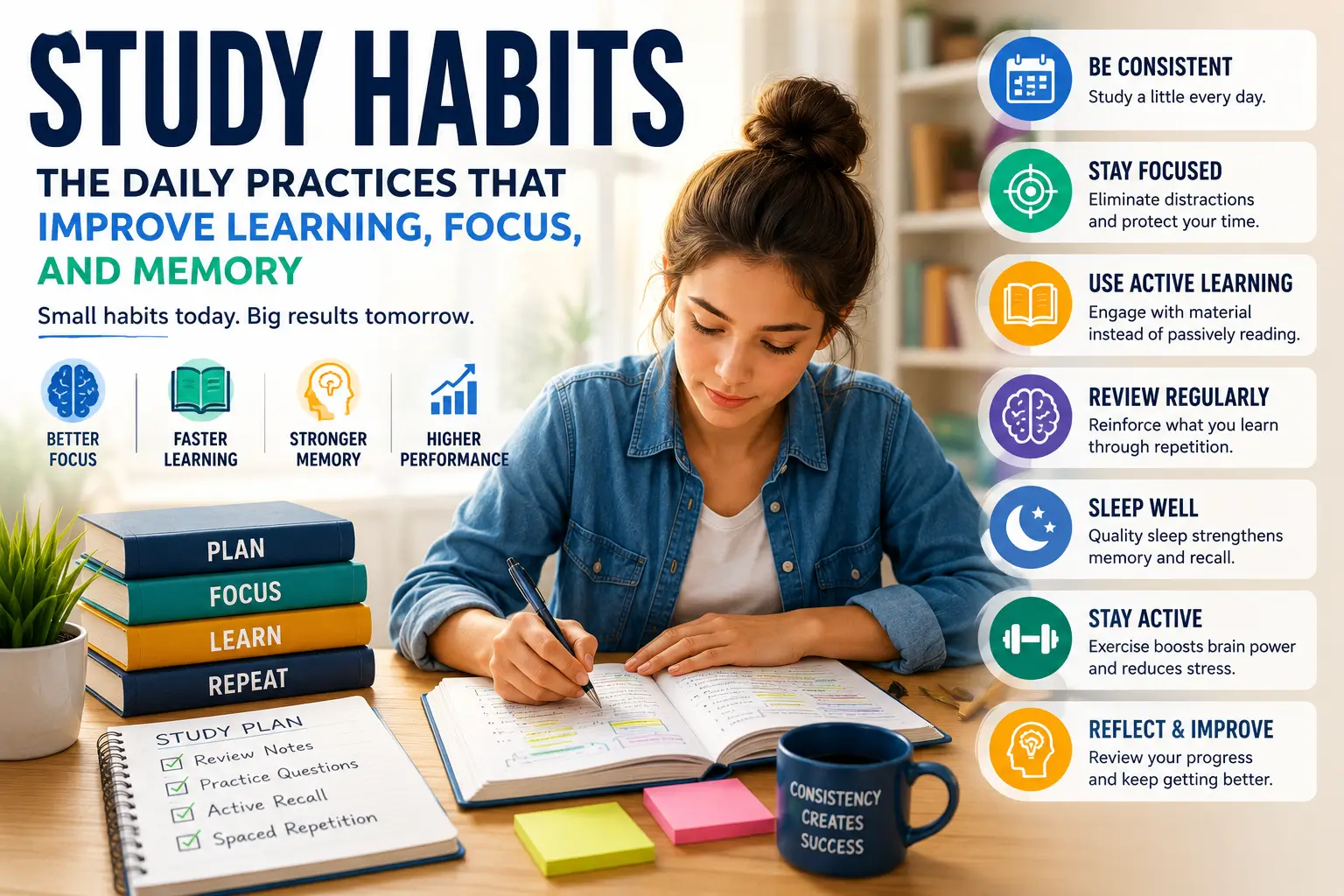 Study habits illustration showing consistent daily learning routines, focused study sessions, healthy sleep habits, and long-term memory improvement.