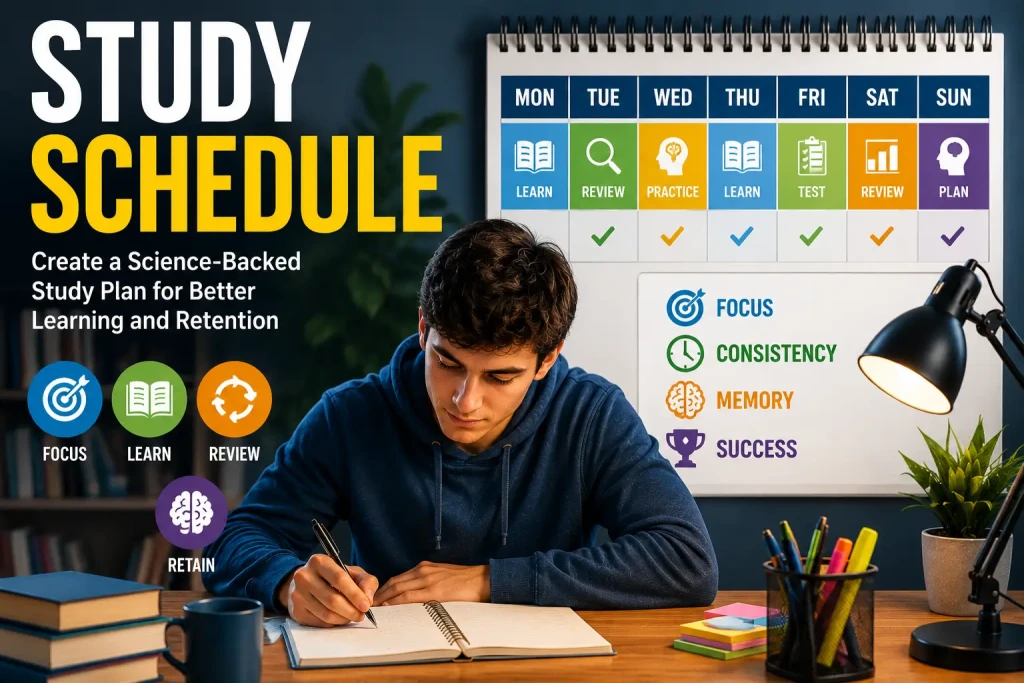 Weekly study schedule illustration showing structured learning, review sessions, active recall practice, and long-term memory improvement.
