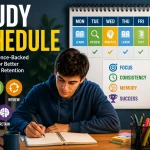 Weekly study schedule illustration showing structured learning, review sessions, active recall practice, and long-term memory improvement.