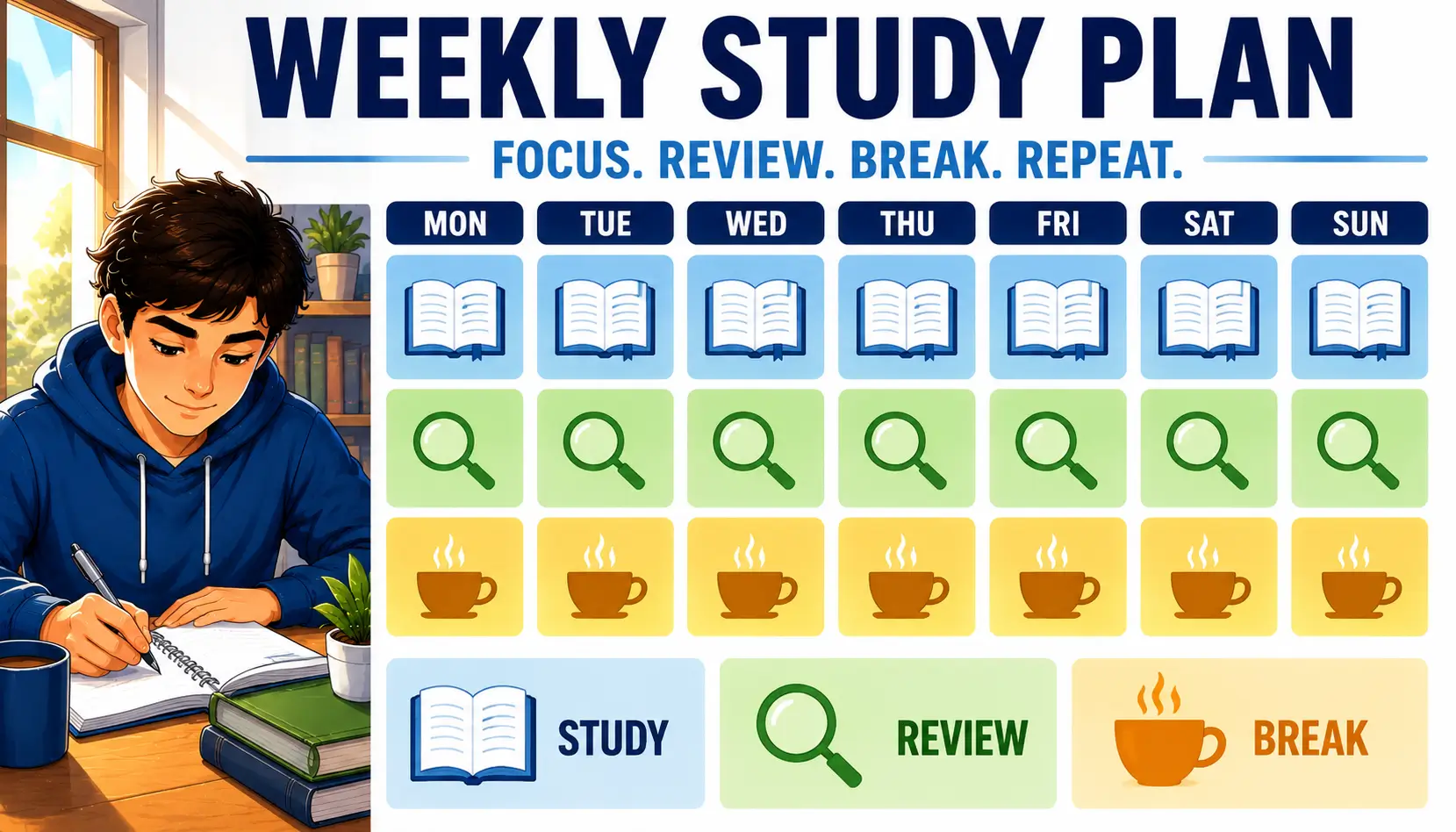 Weekly study schedule showing organized learning sessions, review periods, and productive study habits.