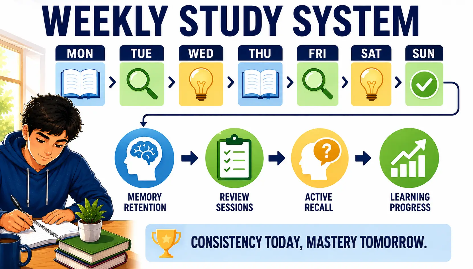 Science-backed weekly study schedule showing learning sessions, review periods, and memory-building activities.