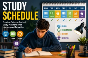 Weekly study schedule illustration showing structured learning, review sessions, active recall practice, and long-term memory improvement.