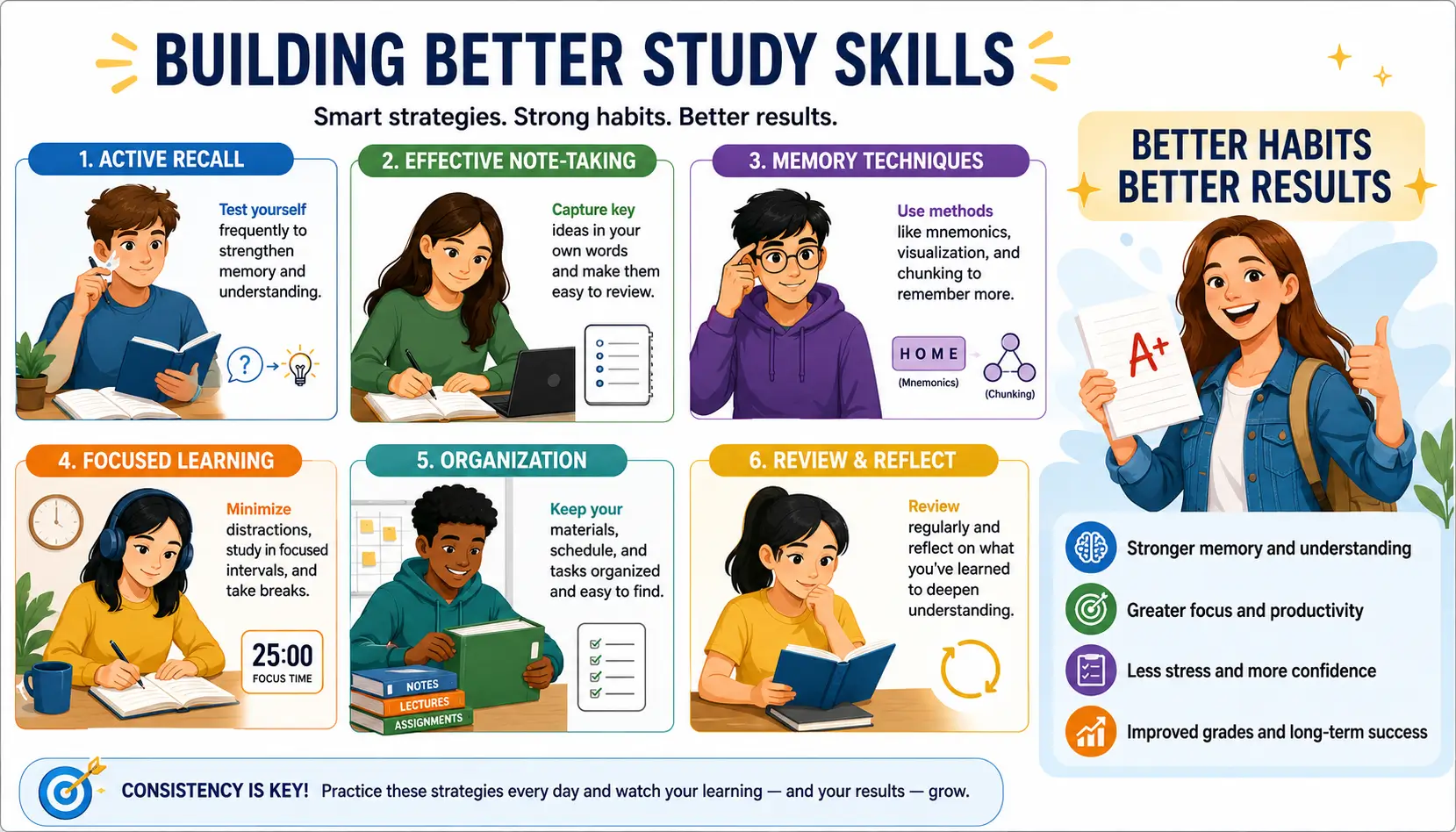 Study skills illustration showing students using evidence-based learning techniques, note-taking systems, and memory improvement strategies.