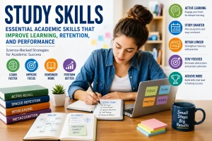 Study skills illustration showing evidence-based learning strategies, active recall, spaced repetition, focus management, and academic performance improvement.
